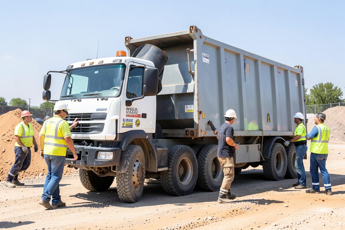 Roll-off truck delivering a dumpster container at a Central California construction site