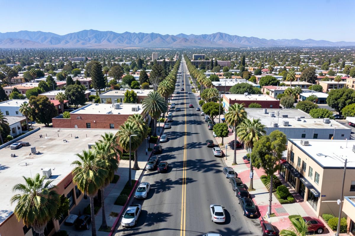 Aerial view of a Central California city street near Exeter, California